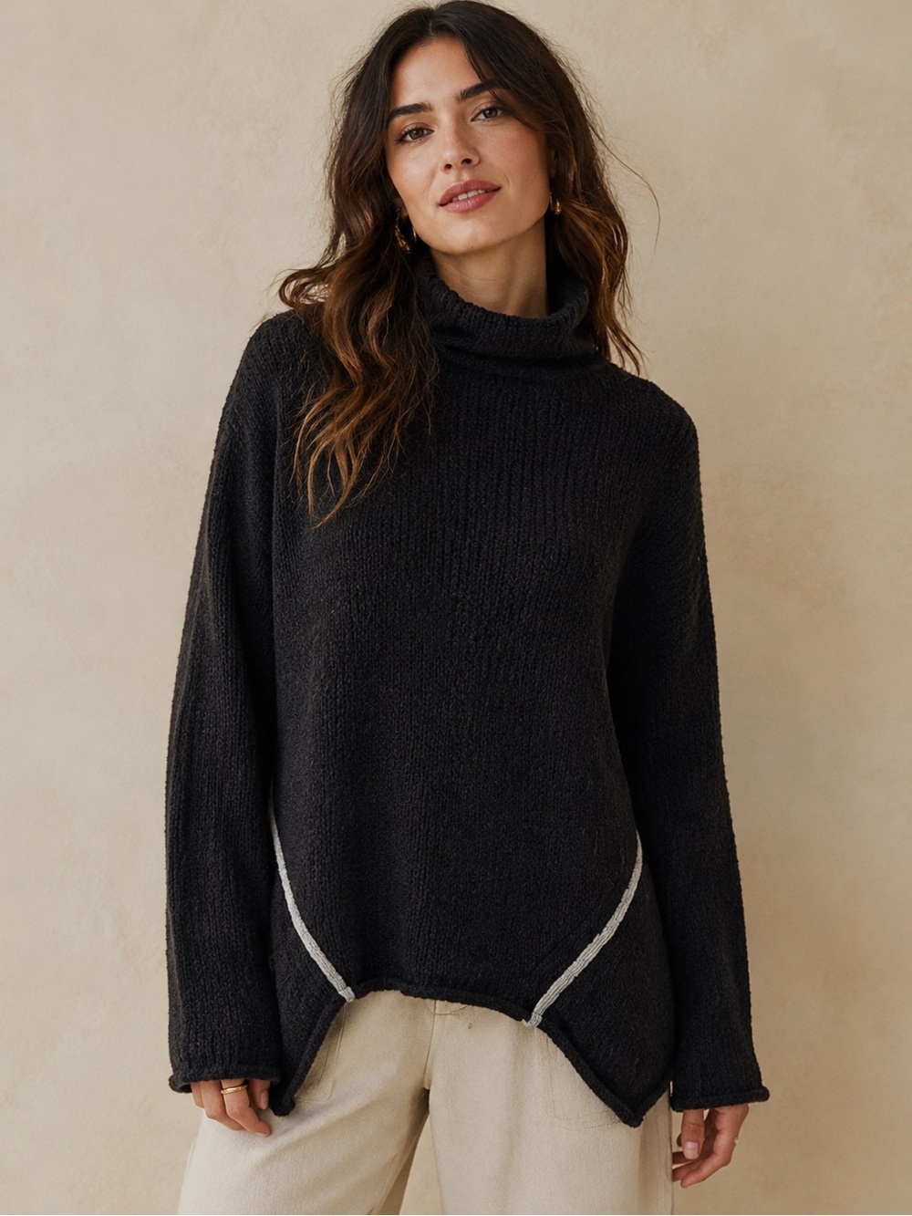 Anthropologie moth women's Size M acrylic wool sweater Black Gray Mock Neck Long